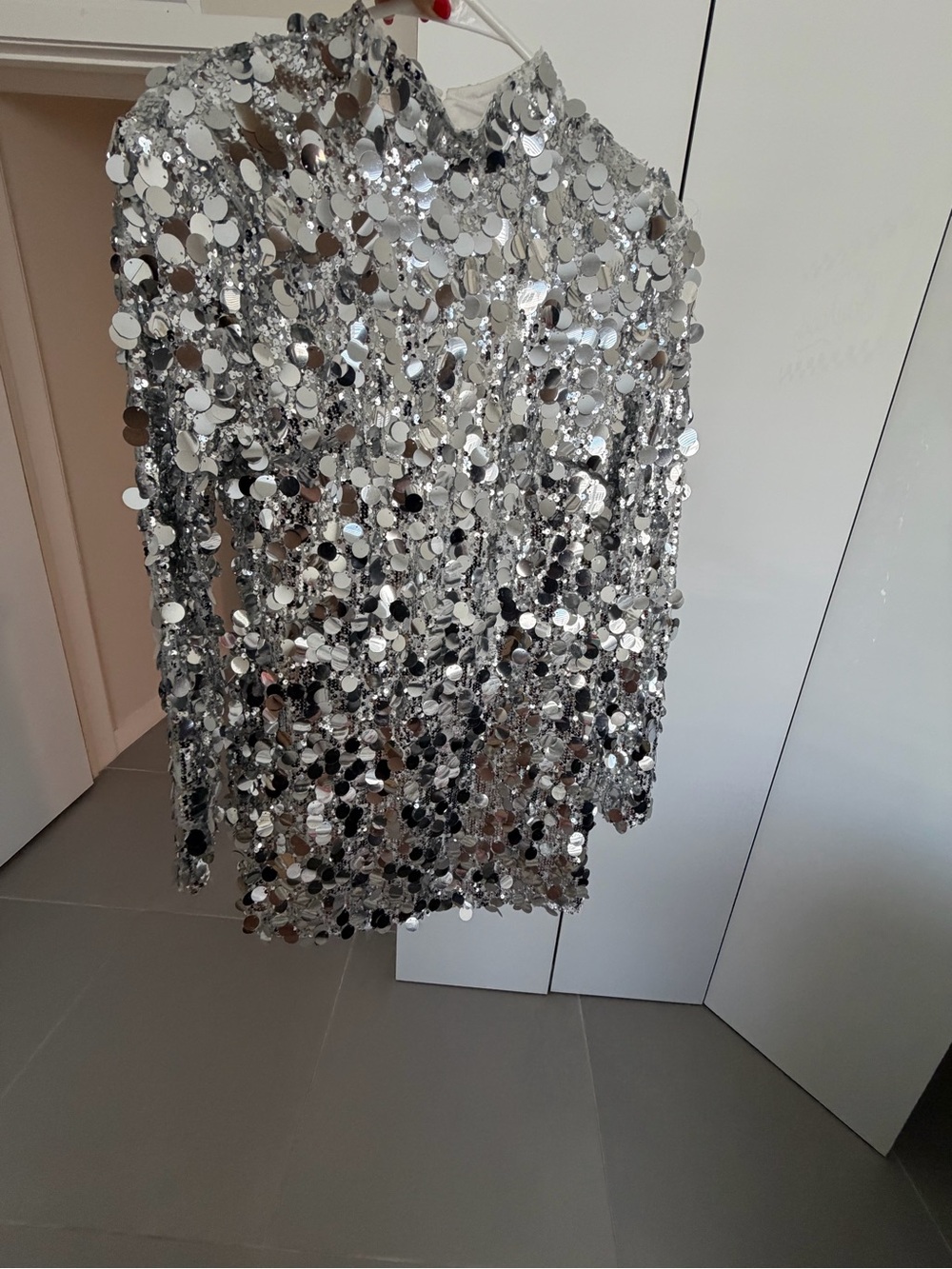 Silver Sequin Long Sleeve Dress